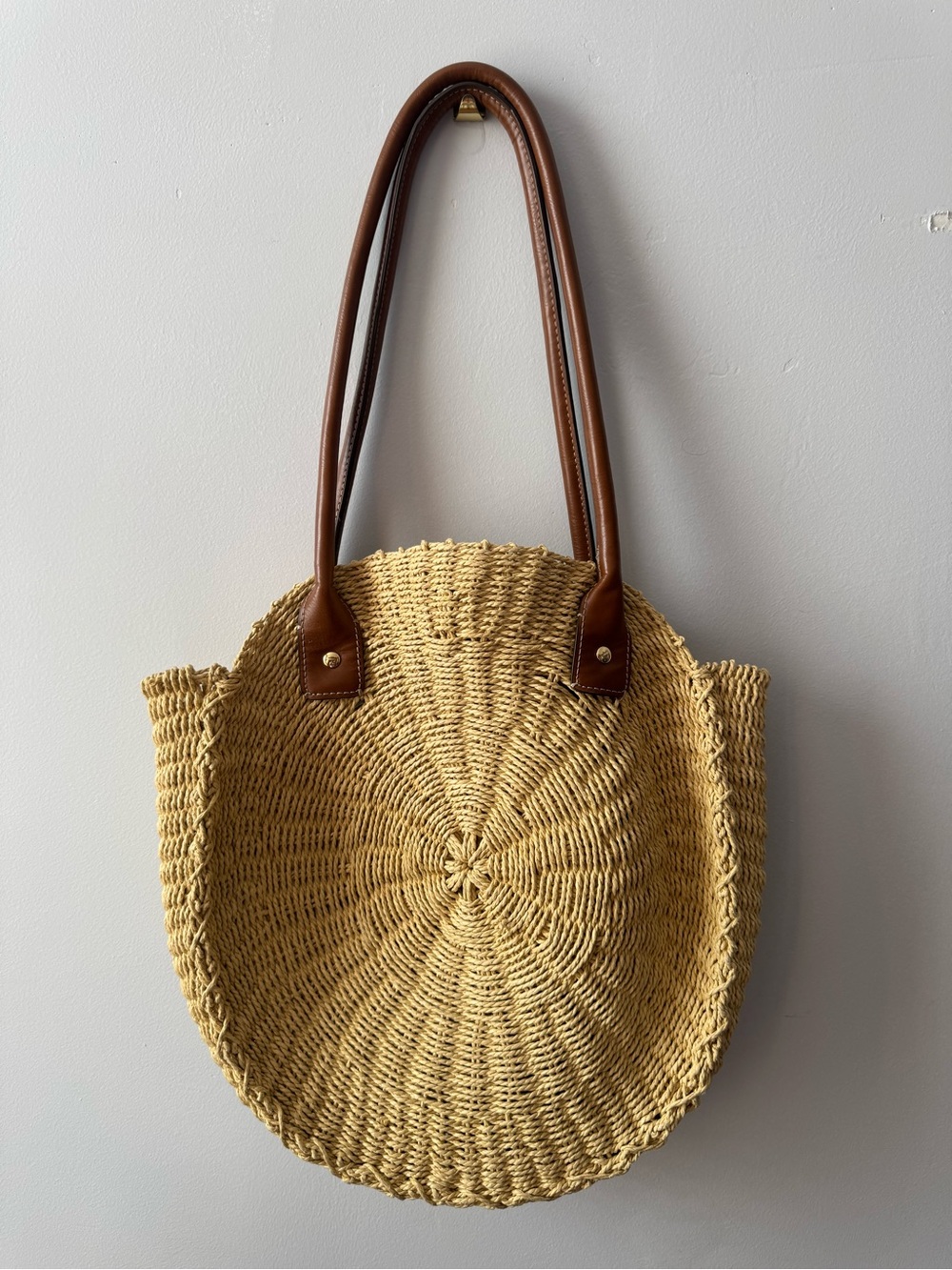 Woven Round Straw Tote Bag with Brown Leather Handles
